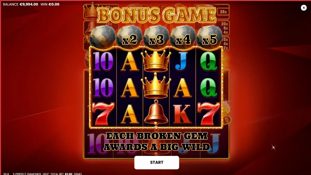 Interface do jogo de slot 5 Perfect Diamonds com símbolos de diamantes e coroas