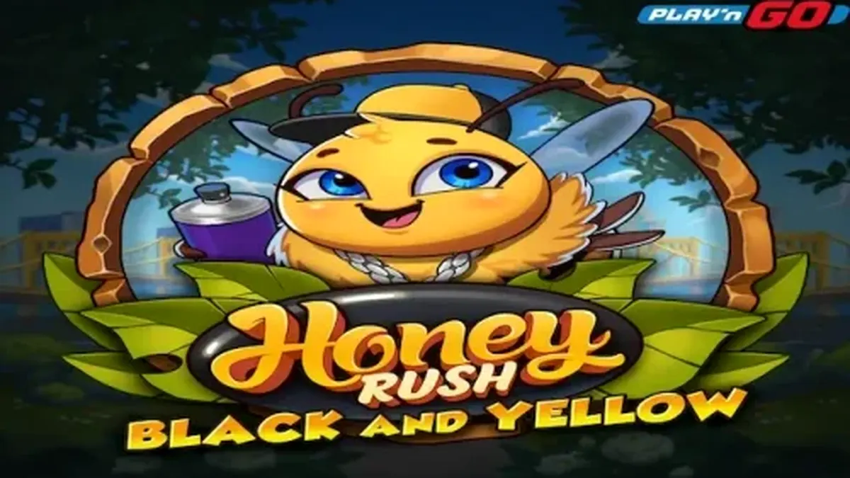 Honey Rush Black and Yellow slot grid with neon city background