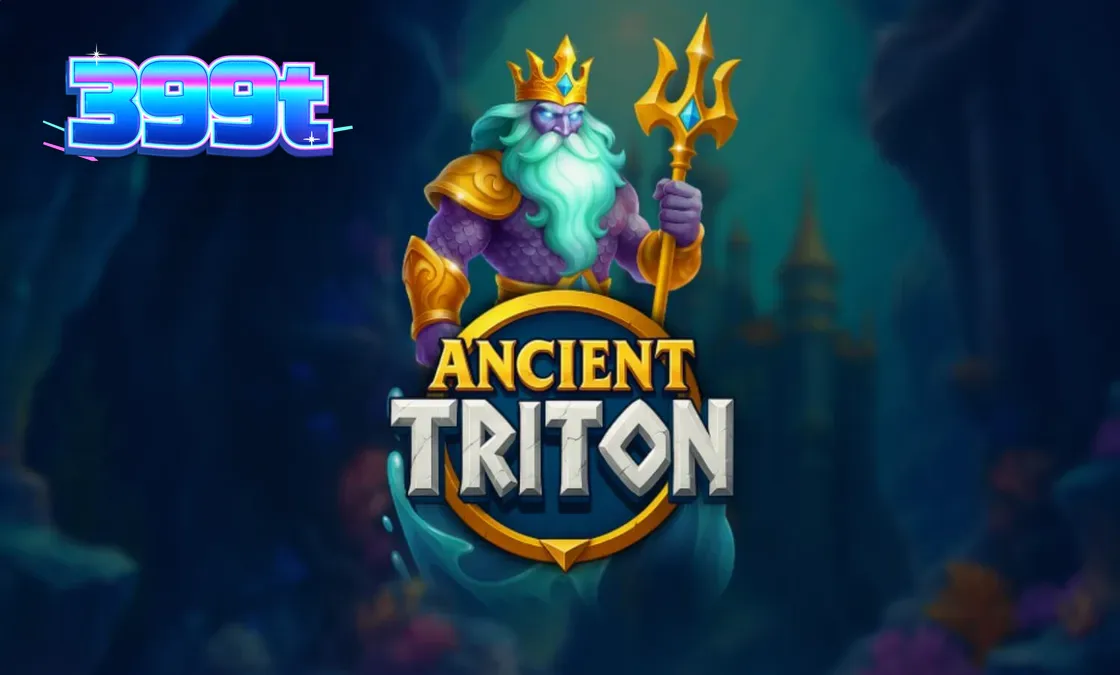 Cena subaquática do jogo Ancient Triton com o deus Tritão e símbolos de tesouros